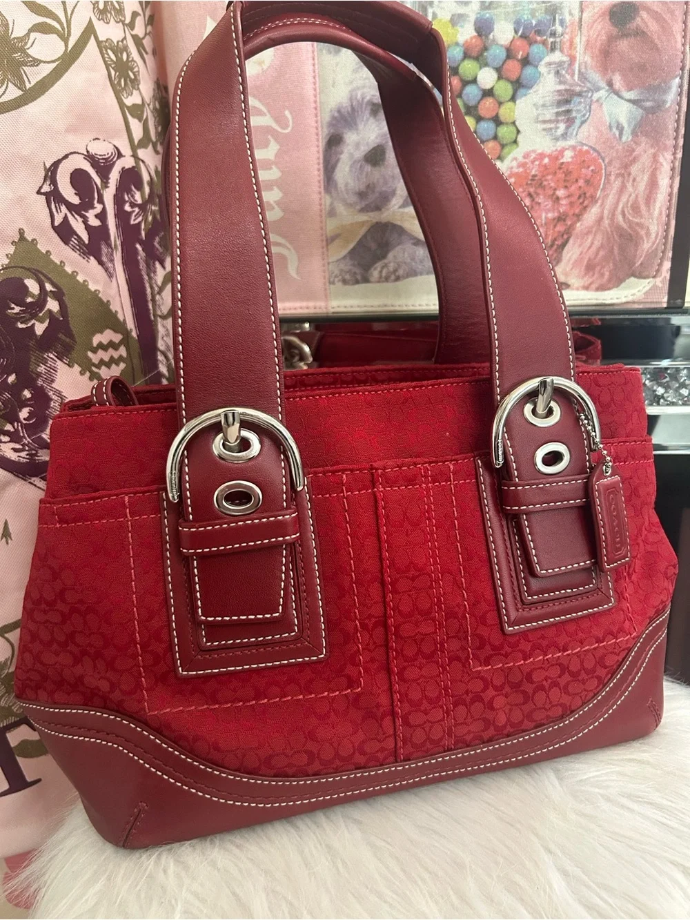 Y2K Vintage 2007 Coach SoHo Cherry Red Canvas Signature C Logo Tote Shoulder Bag